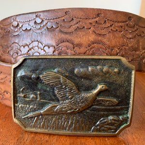 BRASS BELT BUCKLE HUNTING PHEASANT VINTAGE LEATHER BTS